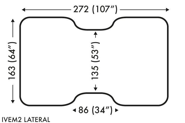 Diagram showing dimensions of inflatable large animal surgery mattress - lateral configuration