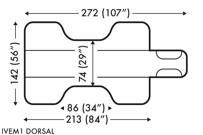 Diagram showing dimensions of inflatable equine surgery table - dorsal arrangment