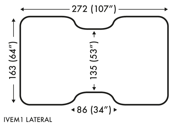 Diagram detailing the dimensions of inflatable equine surgery table - lateral configuration