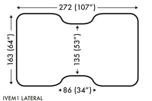 Diagram detailing the dimensions of inflatable equine surgery table - lateral configuration