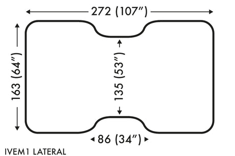 Diagram detailing the dimensions of inflatable equine surgery table - lateral configuration