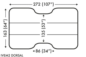 Diagram showing dimensions of inflatable large animal surgery mattress - dorsal arrangment