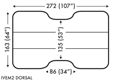 Diagram showing dimensions of inflatable large animal surgery mattress - dorsal arrangment