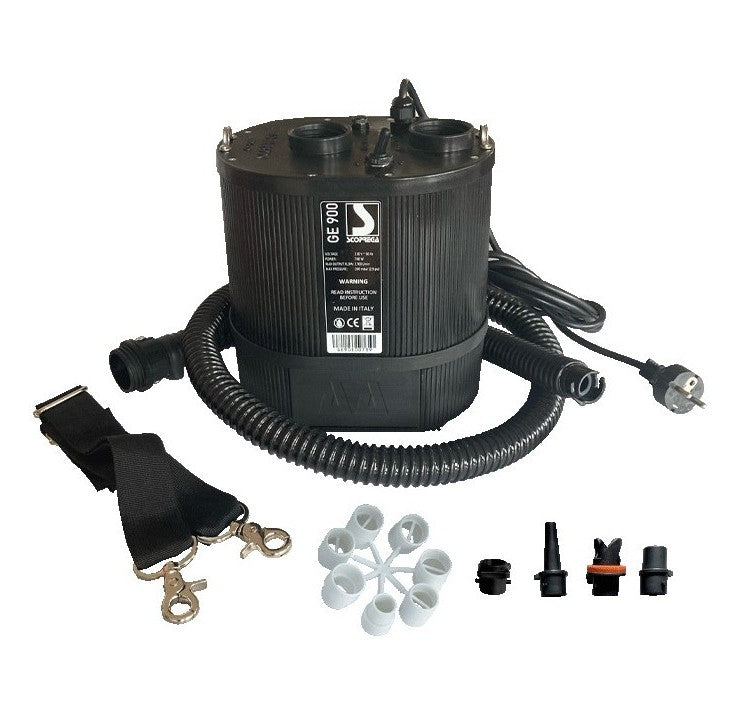 Black air pump with accessories on a white background for equine inflatable mattresses 